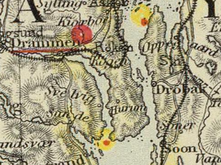 Drammen - detail from map - Denmark, S.Norway, Scale: 1 : 1774080, Letts, Son & Co 1883 (David Ramsey Map Collection)